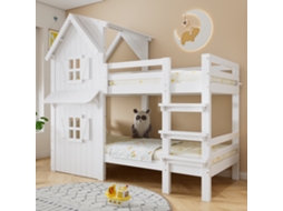 Cama Em Andares Infantil 90x200cm Branco, Design Com Janelas E Telhado, Escada Segura, Estrados Estáveis, Madeira E Mdf