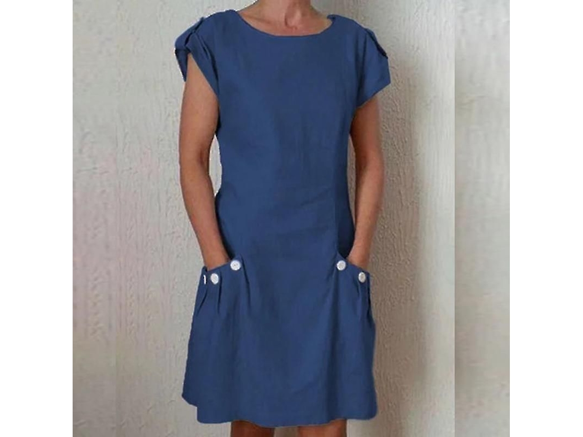 2026 vestido Curto de Manga Curta para Mulher com Botões e Bolso, Túnica de Colarinho Redondo de Cor Solida para Verão
