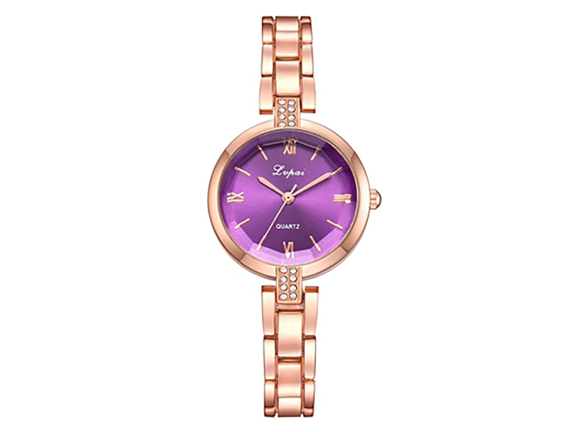 Relógio de Pulso Feminino de Quartzo com Pulseira de Aço e Strass Rosa Roxo