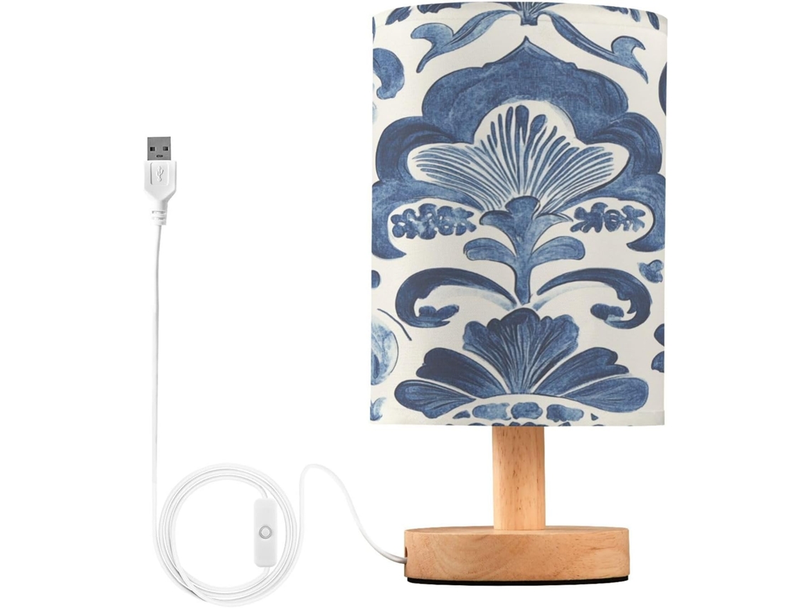 Abajur De Cabeceira Azul E Branco Com Estampa, Portas De Carregaje USB C, Luminária De Mesa Cabeceira, Luminária De