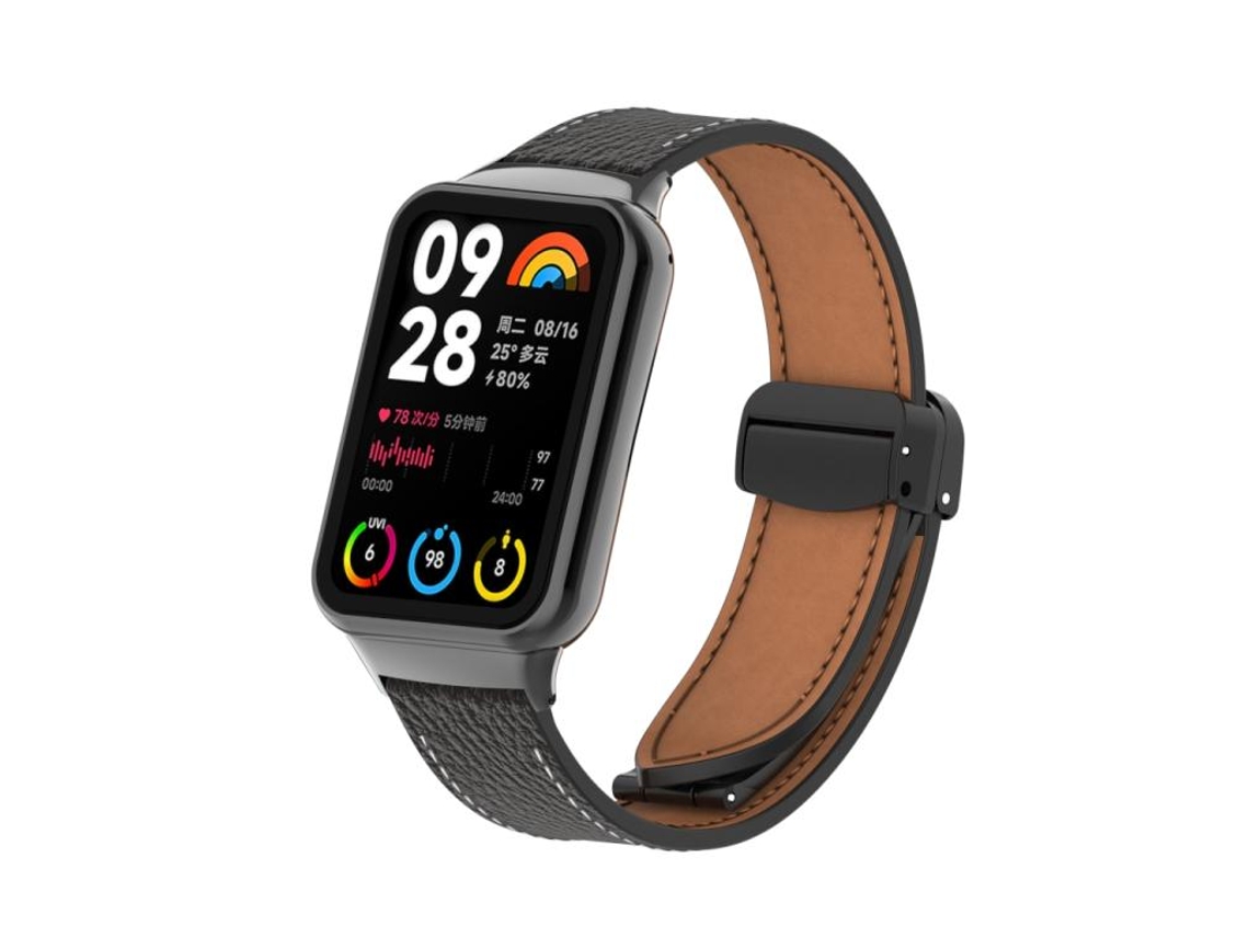 Bracelete Para Redmi Watch 6 / 5 / Xiaomi Band 9 Pro - Couro - Fivela Magnética Preta - Textura De Lichia Preta