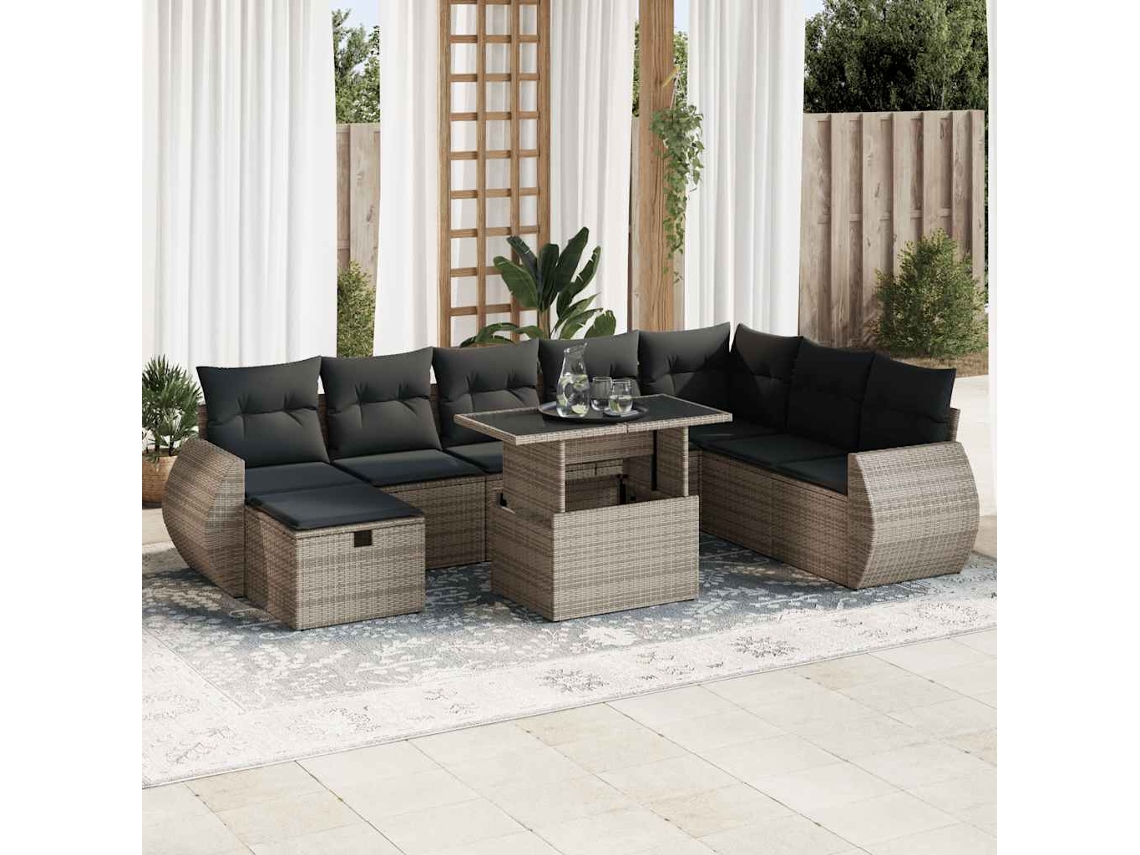 Vidaxl 9 Pcs Conjunto Sofás P/ Jardim Com Almofadões Vime Pe Cinzento