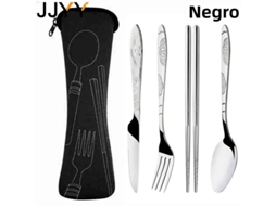 Conjunto de Talheres Portáteis em Aço Inoxidável com Padrão em Relevo e Bolsa para Viagem. MDUG (preto, 4 Peças)