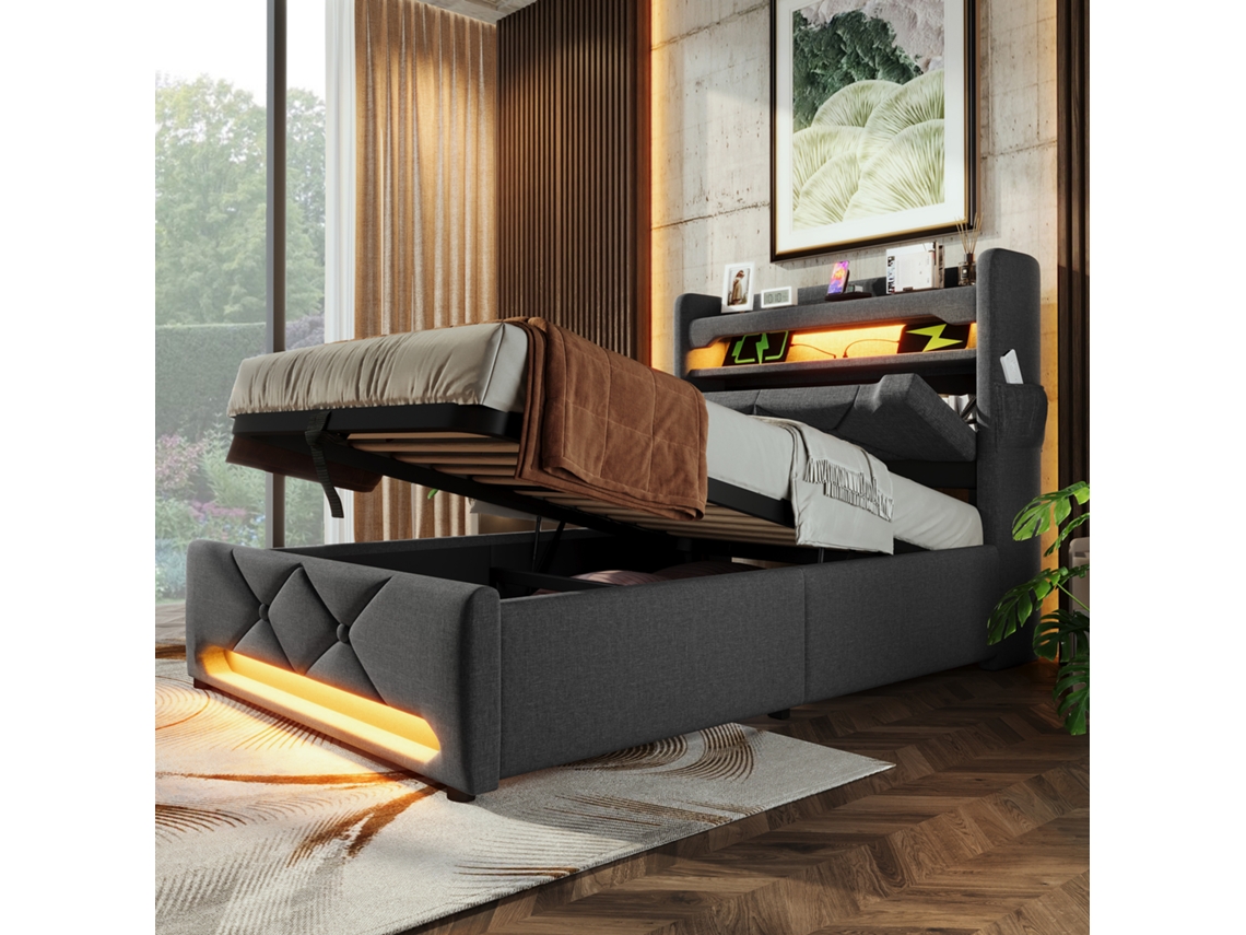 Cama Solteiro Cinza 90x200 Cm, Led 360°, Usb-c, Hidráulica