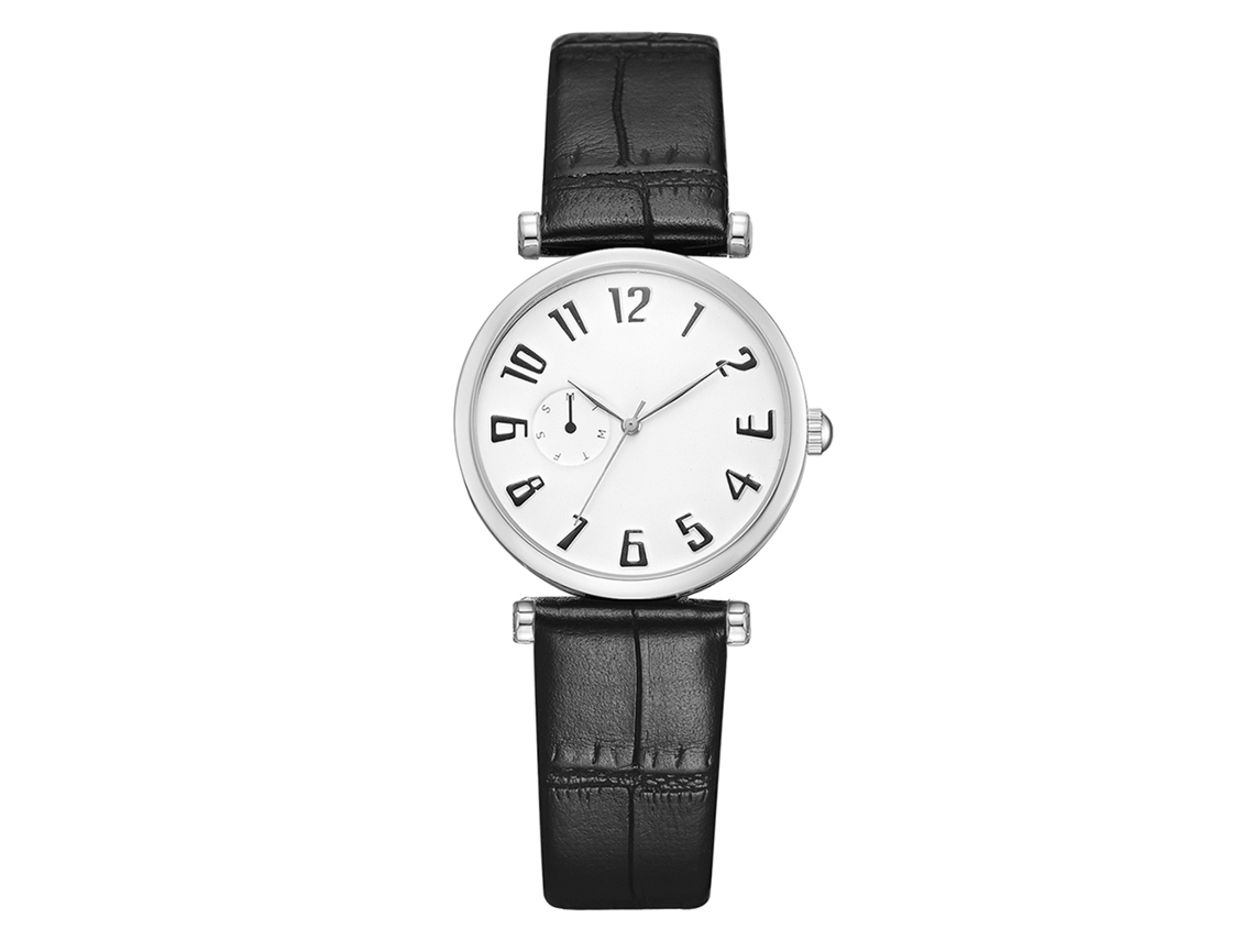 Relógio de quartzo unissex casual e moderno com pulseira de couro PU (mostrador pequeno prateado e branco)