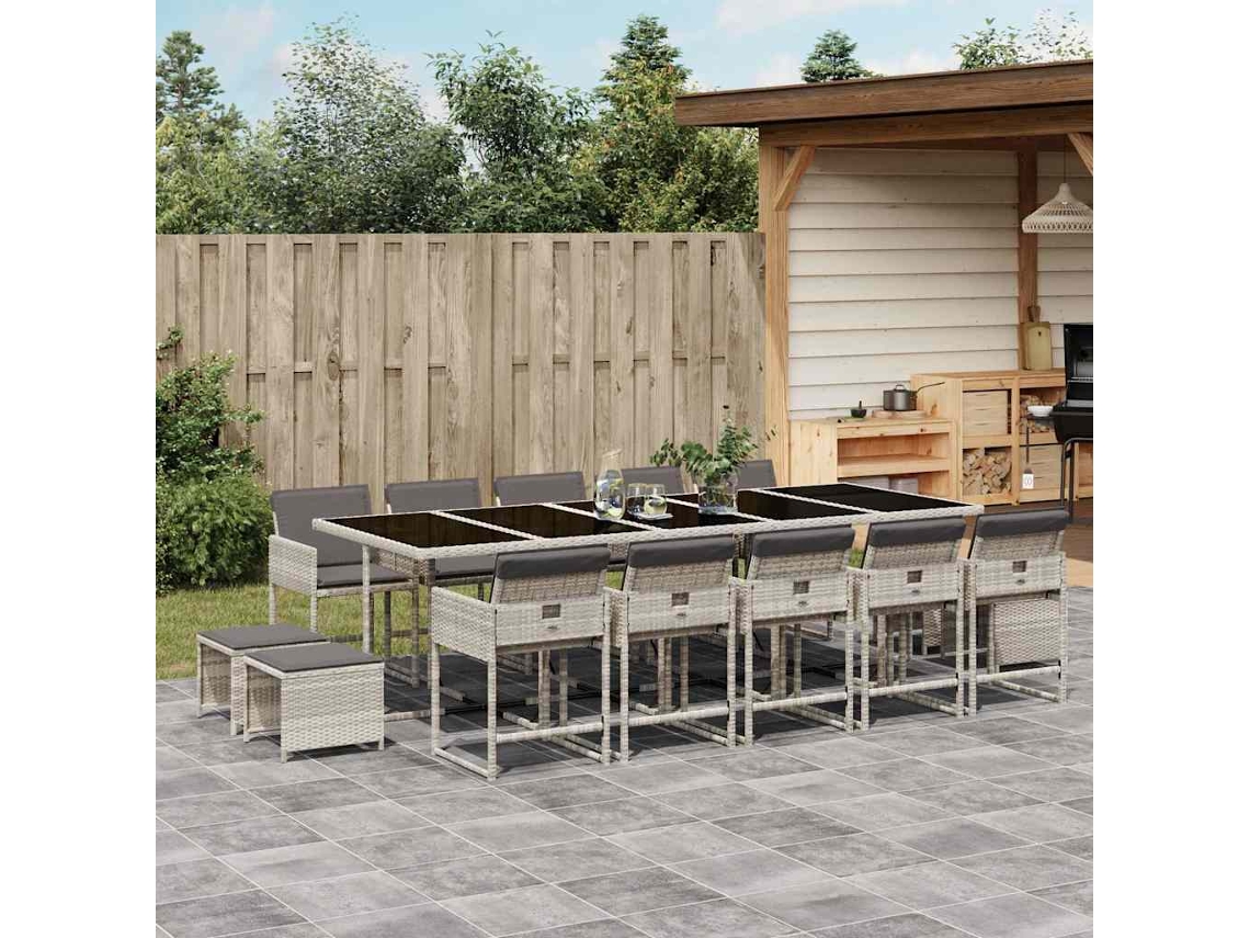 Vidaxl 15 Pcs Conj. Jantar Jardim C/ Almofadões Vime Pe Cinzento-claro