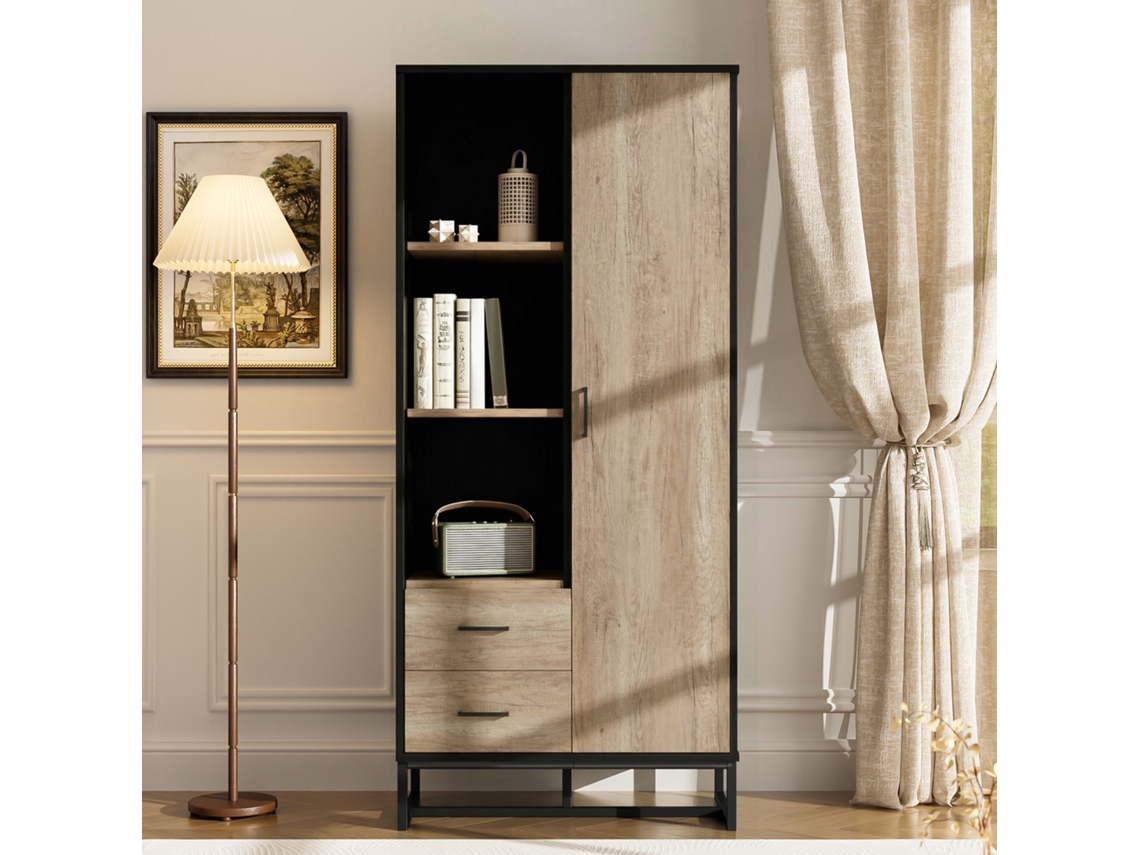 Armário Alto Moderno 80x40x180 Cm, Imitando Madeira Com Moldura Preta, Portas, 2 Gavetas E 3 Nichos. Ideal Para Sala, Escritório E Corredor.
