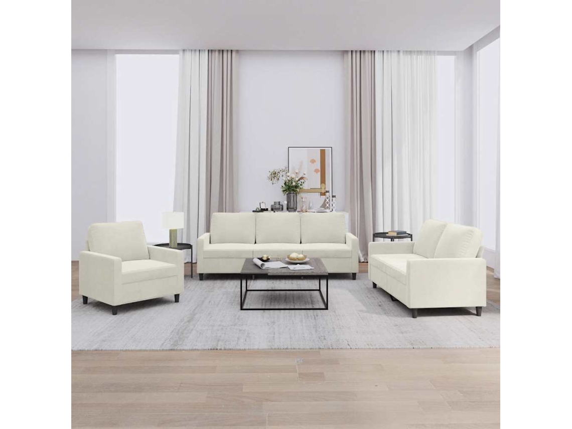 Vidaxl 3 Pcs Conjunto De Sofás Com Almofadões Veludo Cor Creme