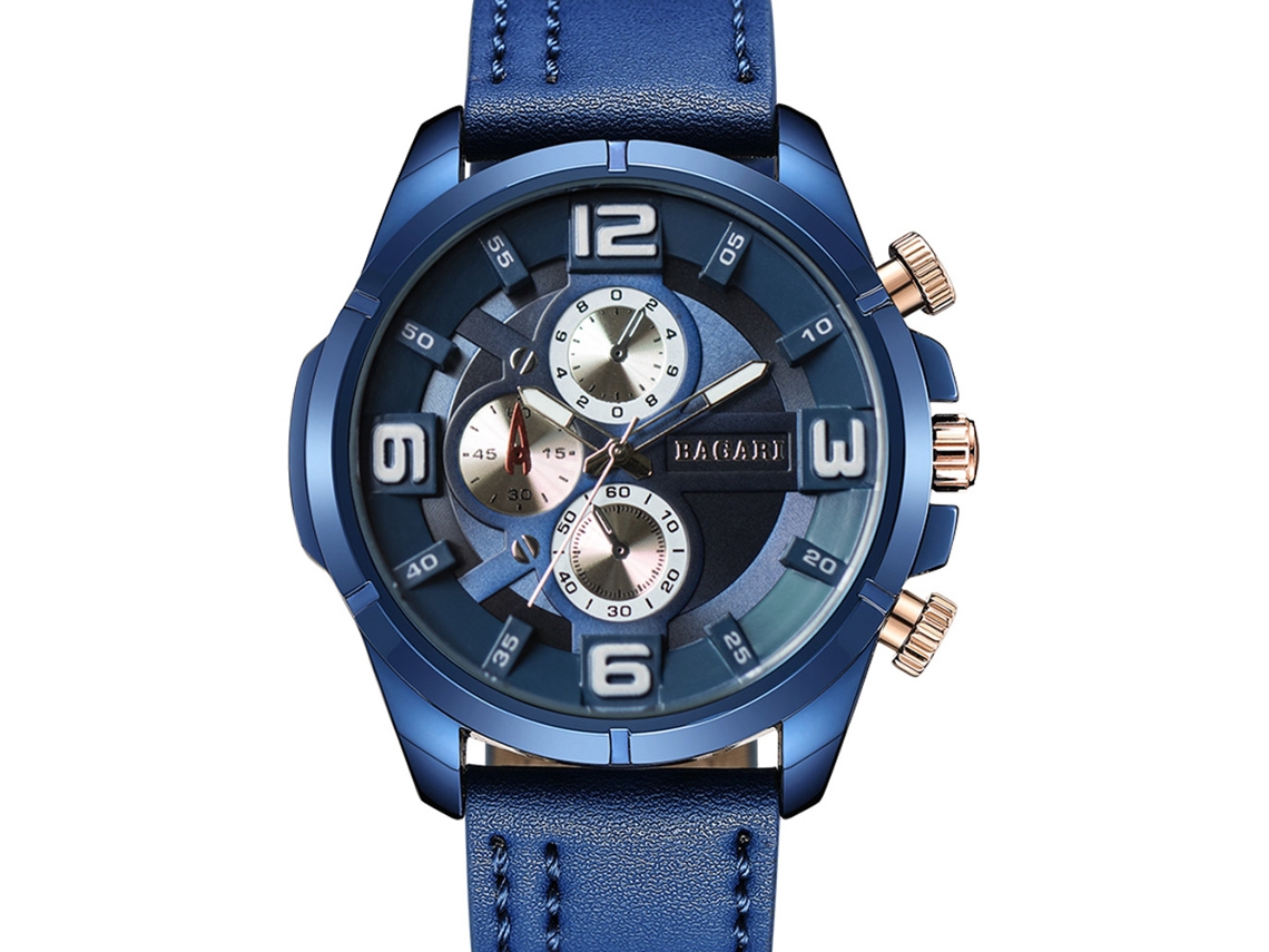 Relógio de pulso masculino Bagari para negócios com pulseira de couro PU, quartzo azul.