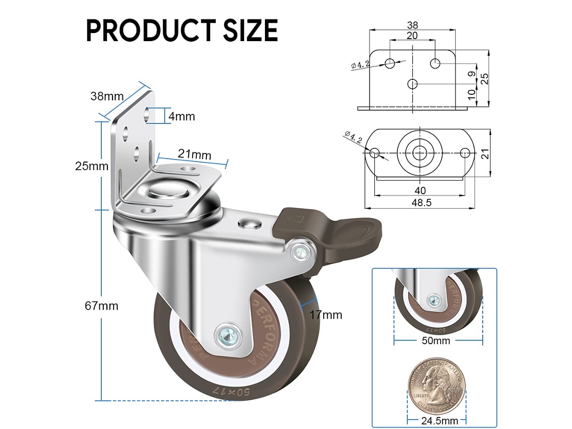 Conjunto De 4 Rodízios Giratórios De 50 Mm, 100 Kg, Para Móveis, Tipo L Fu Aquaforge