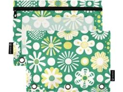 Pasta verde com estampa de bolinhas e flores, com visor transparente e ilhós, 3 argolas para guardar material escolar.