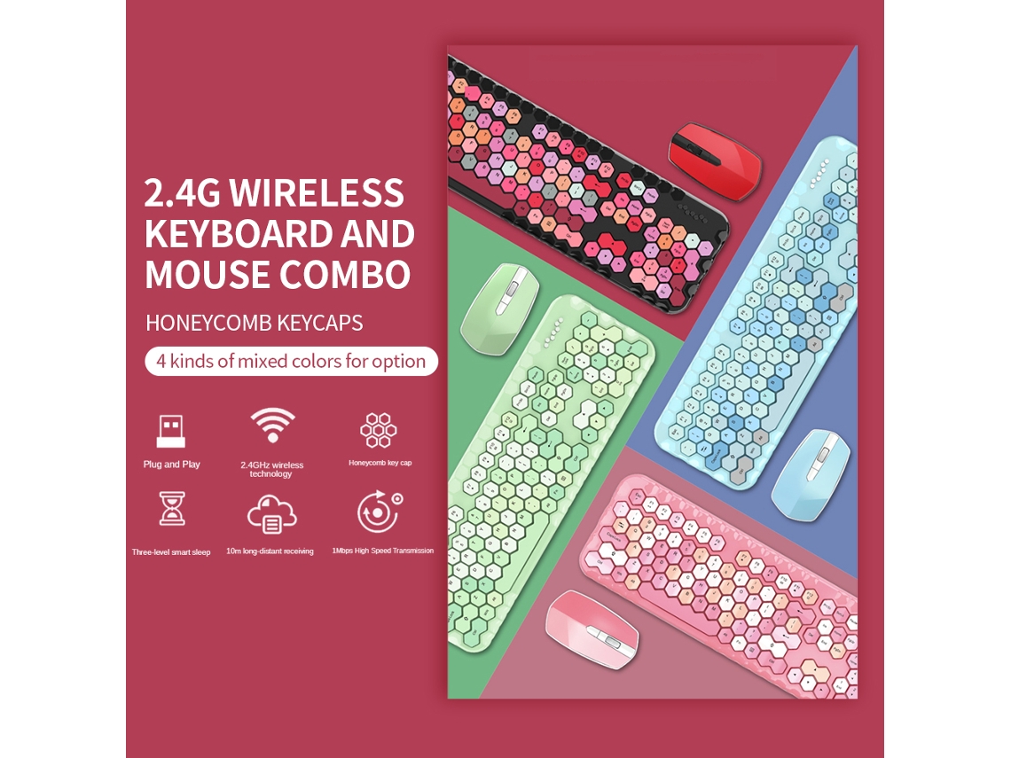 Mofii Honey Plus 2.4g Wireless Combo Teclado E Mouse Com 104 Teclas, Caps De Teclas Em Hexágono De Cores Mistas Para Garota Rosa
