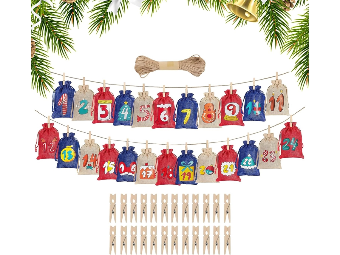 Sacolas De Calendário Do Advento De Natal De 24 Dias, Reutilizáveis E Recarregáveis, Vazias Com Cordão Para