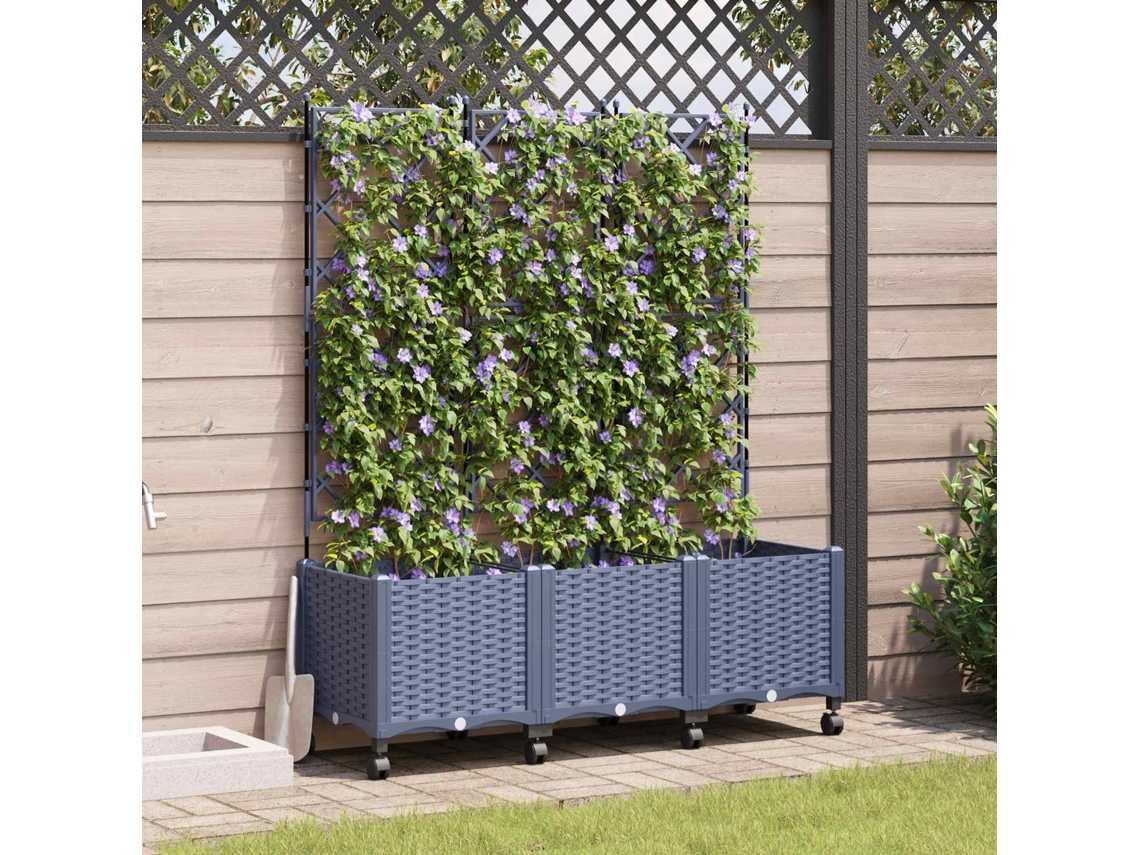 Vidaxl Vaso De Jardim Com Treliça E Rodas 3 Unid. Cinzento Pp
