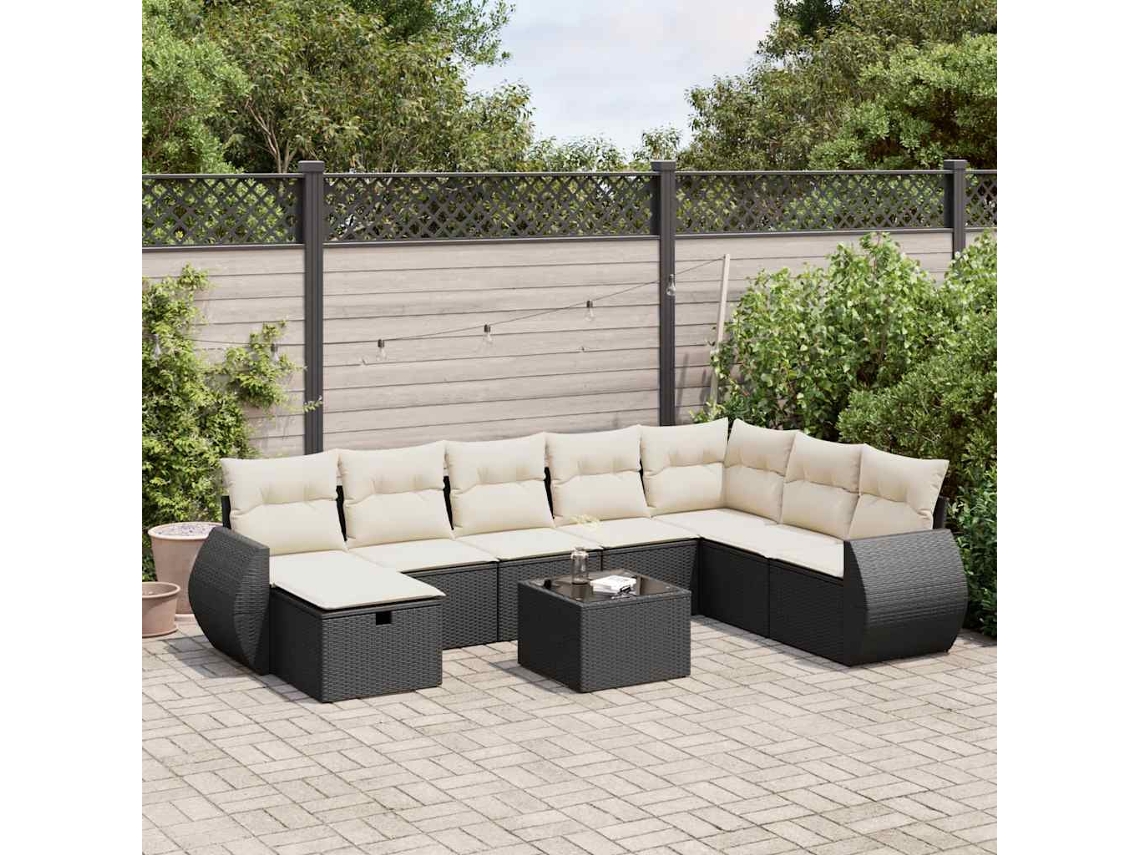 Vidaxl 9 Pcs Conjunto De Sofás P/ Jardim C/ Almofadões Vime Pe Preto