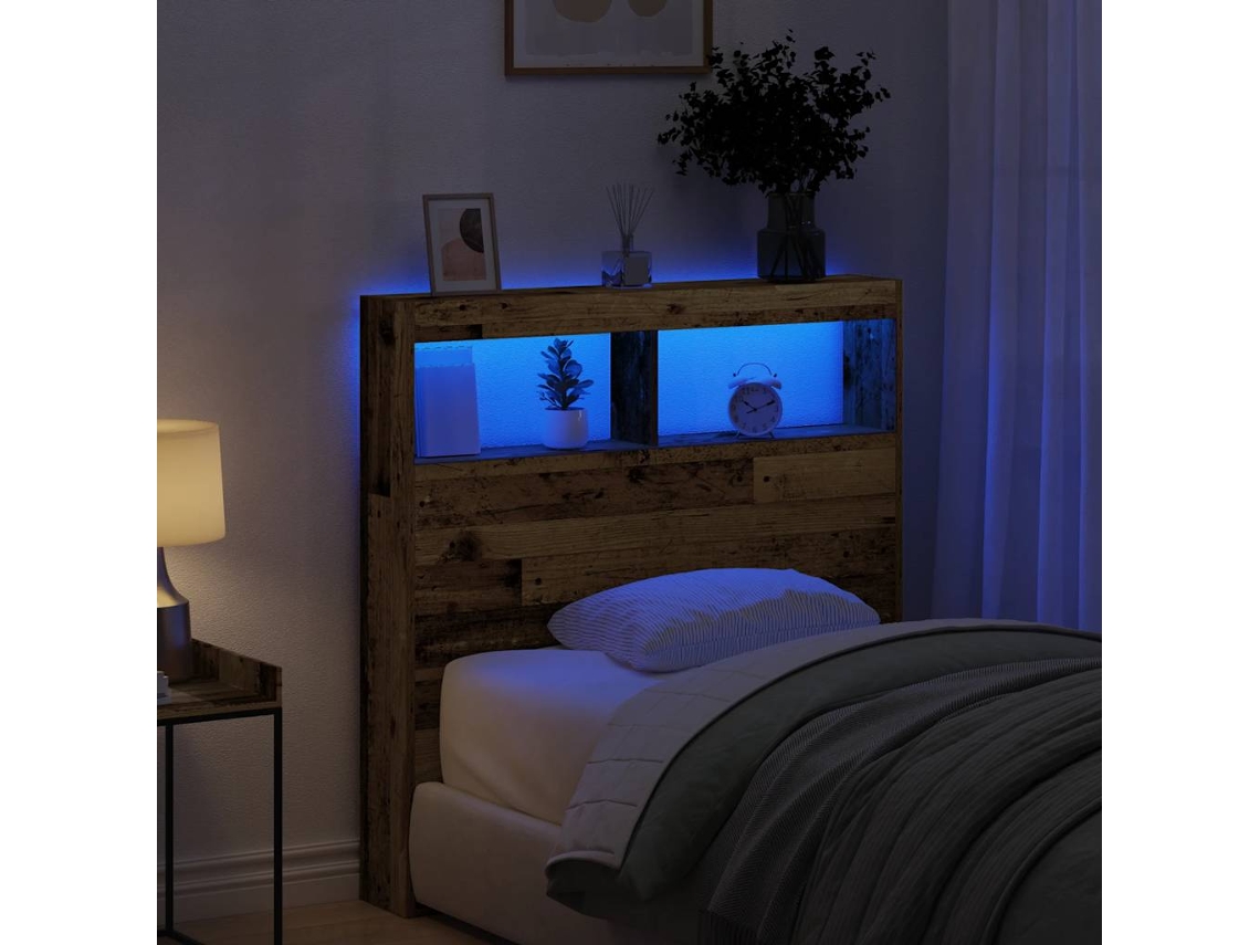 Vidaxl Armário De Cabeceira Com Luzes Led 100x17x102 Cm Madeira Velha