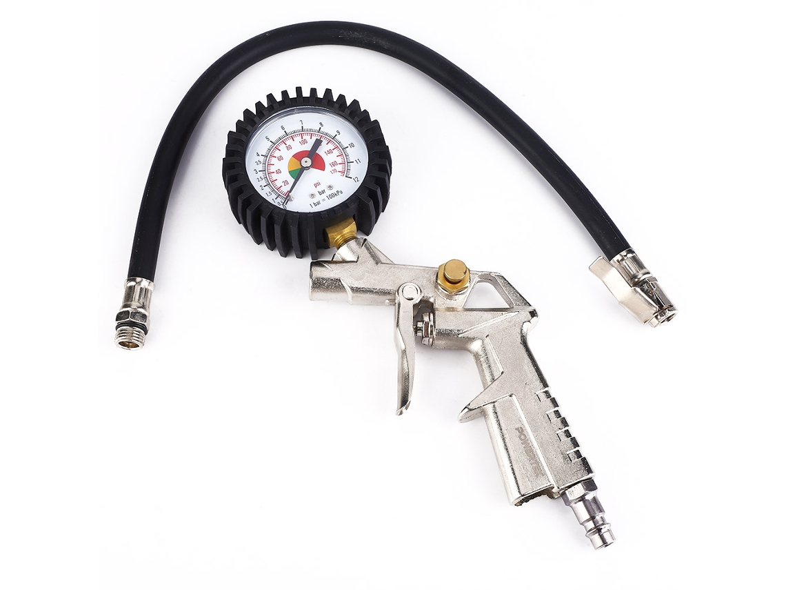 Pistola Infladora de Pneu com Manômetro 0 220psi, Mangueira Flexível e Encaixe