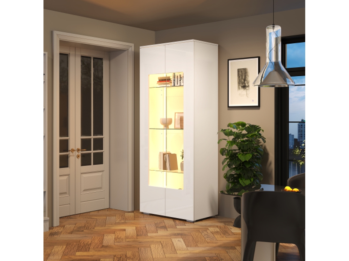Vitrine para sala de estar, 70x40x173cm, 2 portas de acrílico, vidro temperado, iluminação LED, branca, MDF