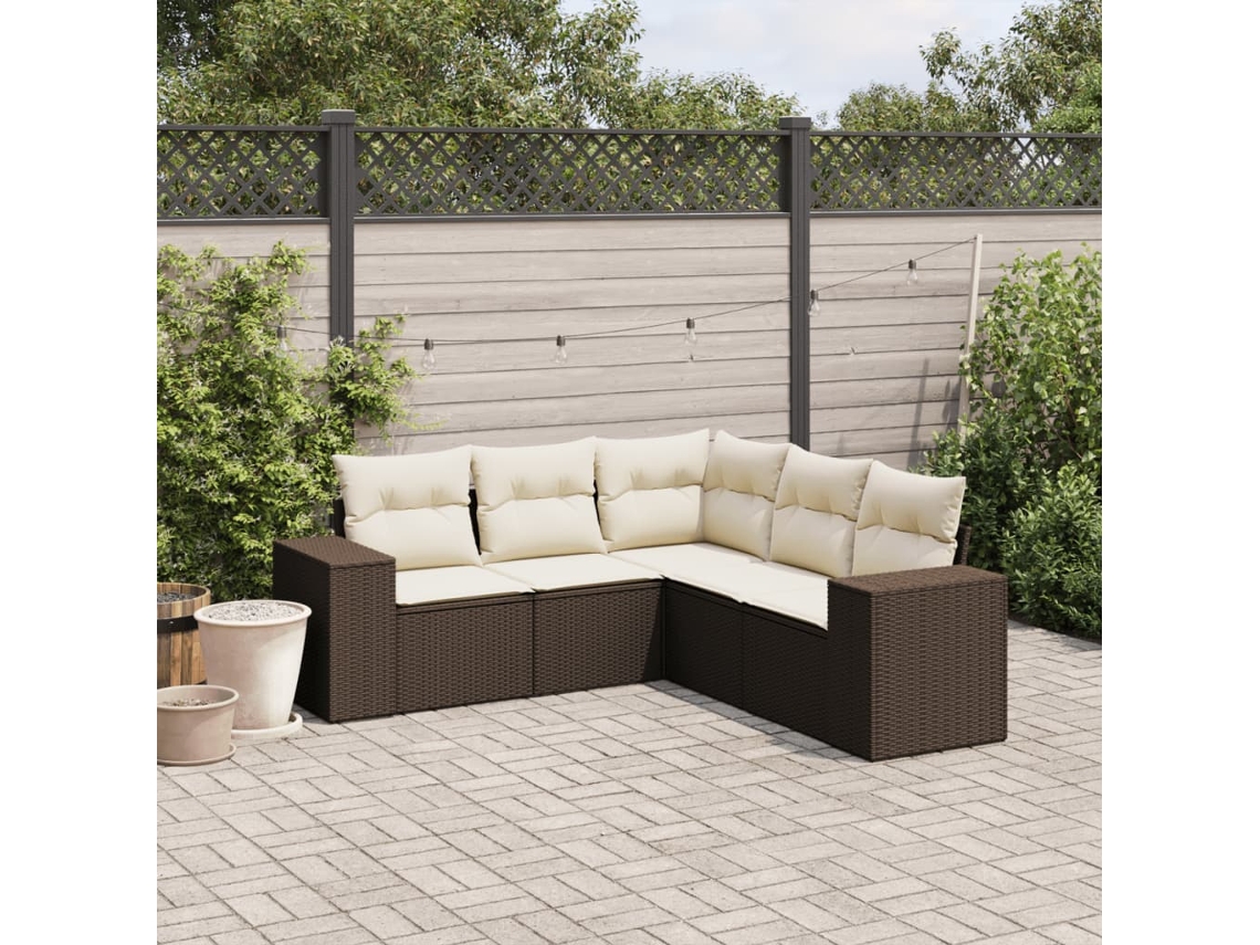 Vidaxl 5 Pcs Conjunto Sofás P/ Jardim C/ Almofadões Vime Pe Castanho