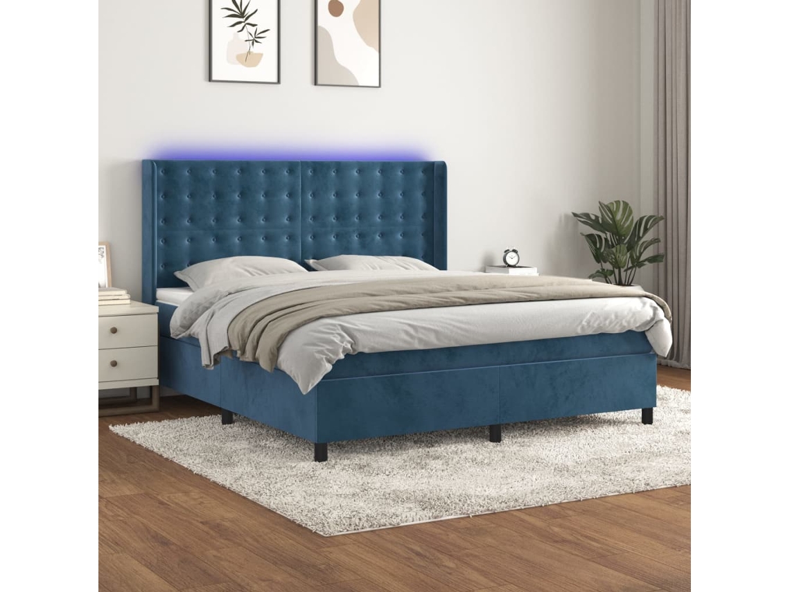 Cama Box Spring C/ Colchão/led 160x200 Cm Veludo Azul-escuro