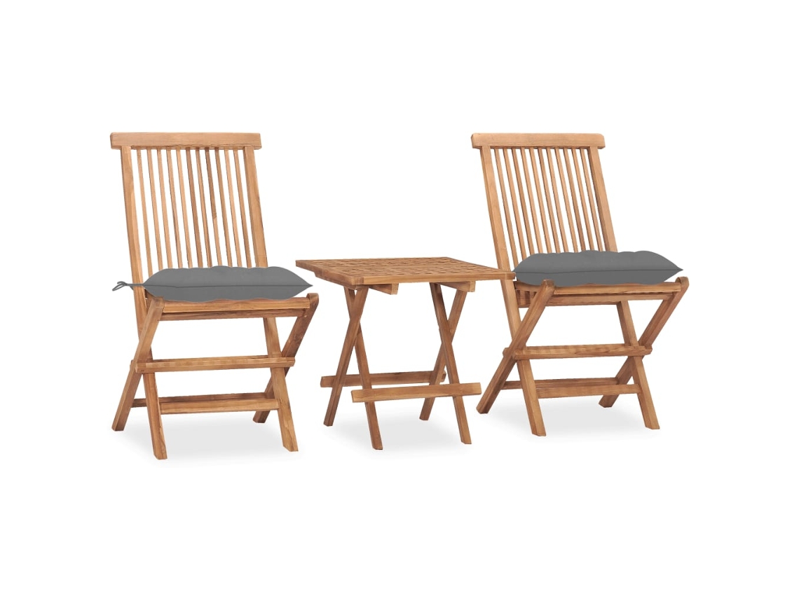 Vidaxl 3 Pcs Conj. Jantar Dobrável Exterior C/ Almofadão Teca Maciça