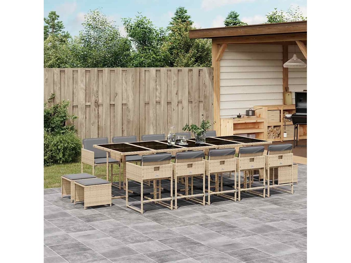 Vidaxl 15 Pcs Conj. Jantar Jardim C/ Almofadões Vime Pe Bege Misturado