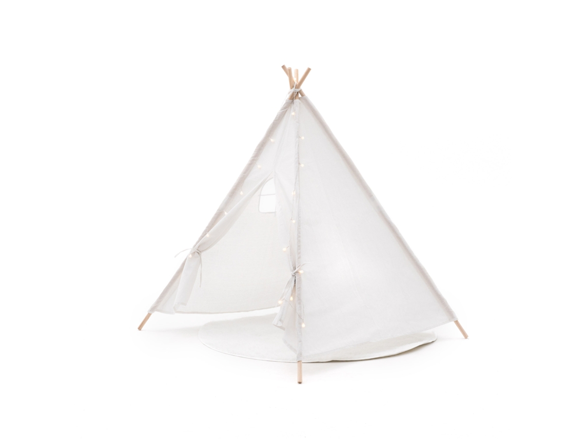 Tipi Infantil Montessori ROBINCOOL Koda 120x120x150 cm Dobrável para Uso Interior e Exterior, Fabricado em Tecido Branco, com Luzes e Tapete