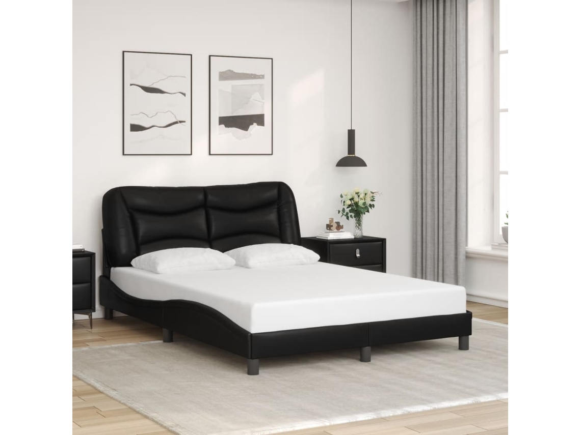 Estrutura Cama C/ Cabeceira 140x200 Cm Couro Artificial Preto