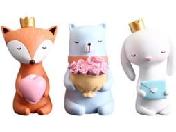 Conjunto 3 Peças Animais Decorativos Resina Segurando Flores Efeito Visual Acabamento Impecável Ideal GOKOCO