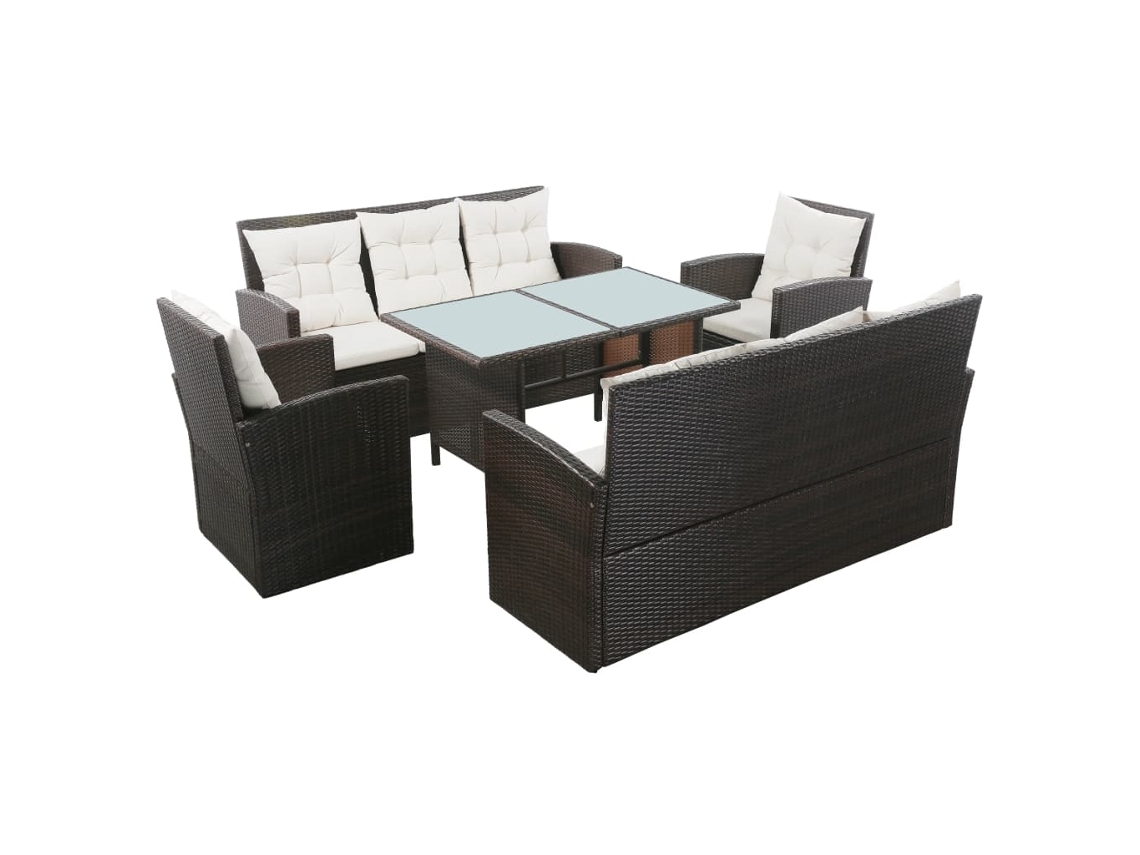 Vidaxl 5 Pcs Conjunto Lounge Jardim C/ Almofadões Vime Pe Castanho