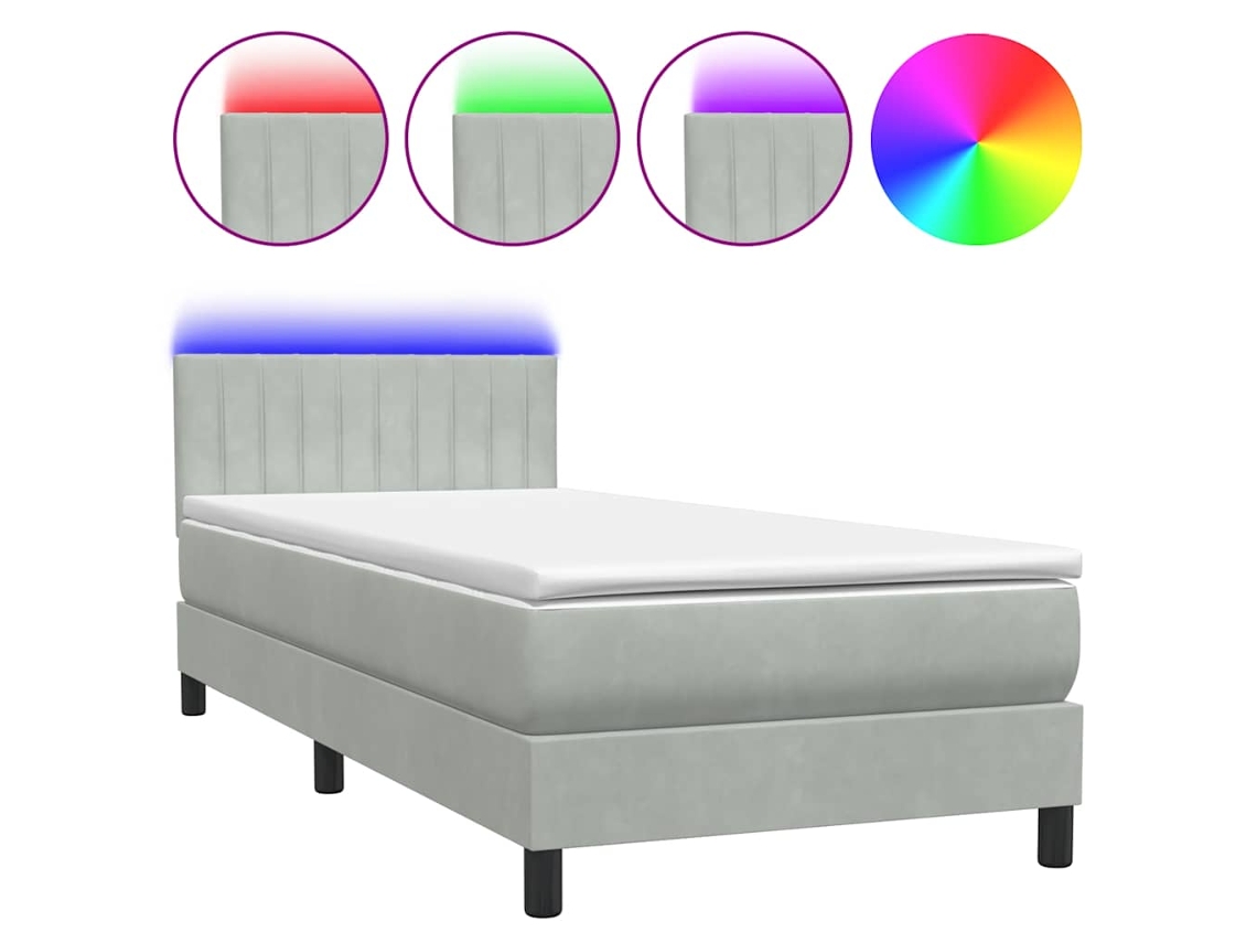 Cama Box Spring com Colchão e Led Veludo Cinzento Claro MAISON EXCLUSIVE (80x220 cm)