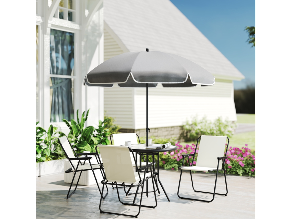 Conjunto Jardim 6 Peças Mesa Vidro 4 Cadeiras Dobráveis Chapéu Sol Creme