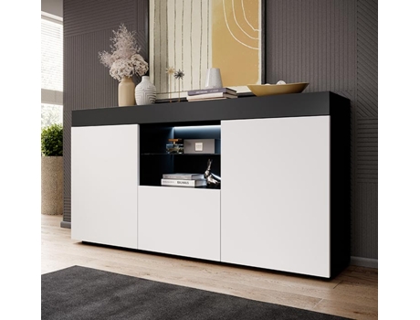 Aparador Elma Com Luz Led 135x73x34 Cm Preto E Branco Mate Design Moderno Fabricado Em Espanha Domensino