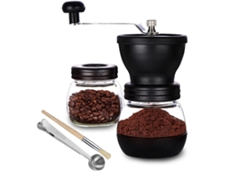 Acessório para moedor de café de 325 ml, em cerâmica e vidro, portátil e manual, para dosagem, limpeza ou manutenção no preparo de café expresso.