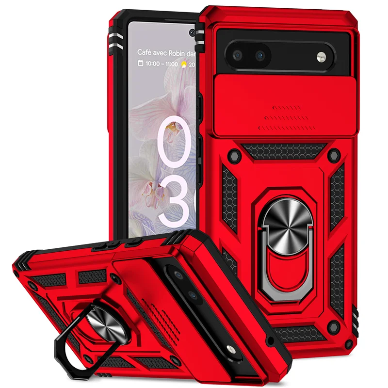 (vermelho, Google Pixel 9a) Capa Resistente Com Tampa Deslizante Para A Câmera E Suporte De Anel Metálico Magnético Com Rotação De 360°