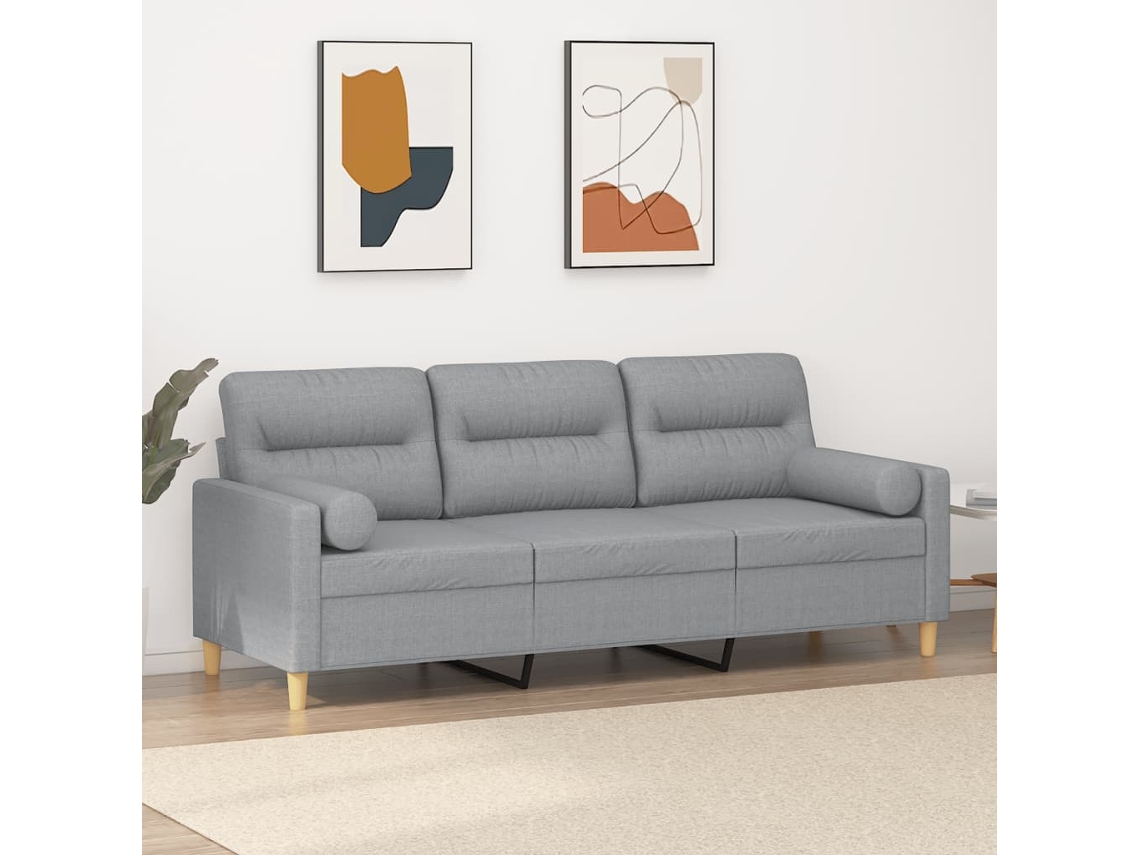 Vidaxl Sofá 3 Lugares + Almofadas Decorativas 180cm Tecido Cinza-claro