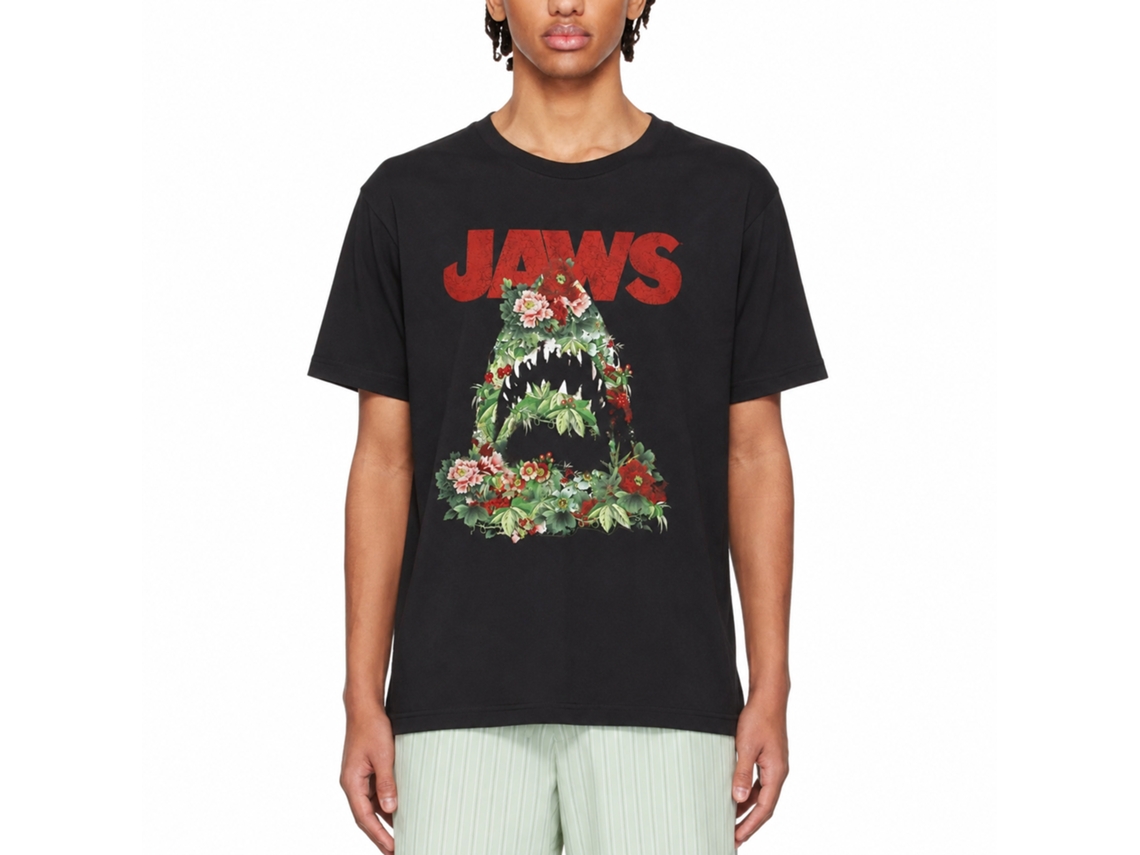 Rockinstone Jaws Movie Floral Shark Black Adult T-shirt Size:m