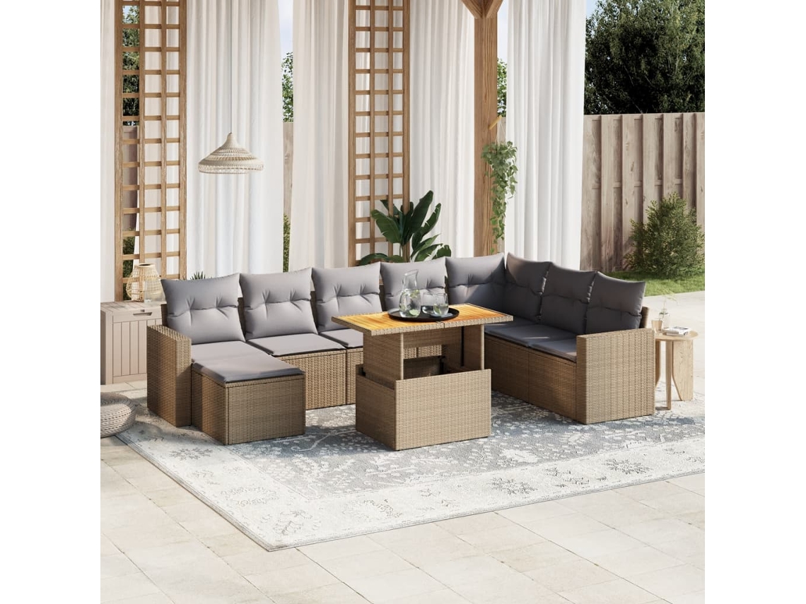 Vidaxl 9 Pcs Conjunto De Sofás P/ Jardim Com Almofadões Vime Pe Bege