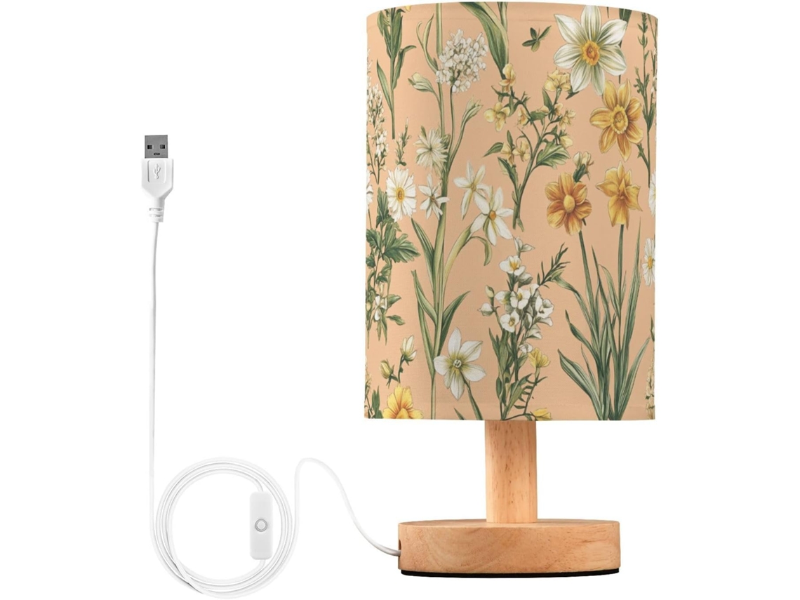 Abajur De Cabeceira Retrô Com Estampa Narciso, Osteospermum, Tomilho E Flor de Pêssego Luminária Mesa Infantil