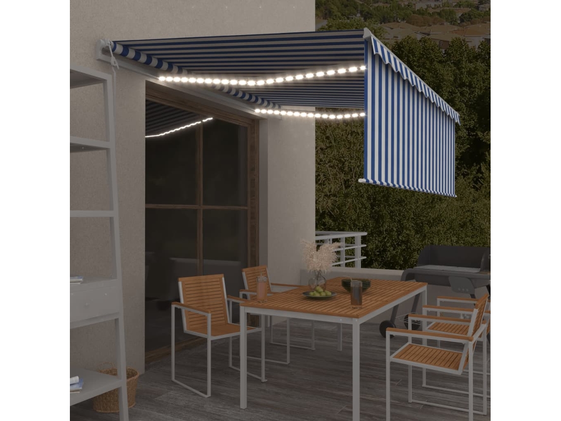 Vidaxl Toldo Automático C/ Estore/led/sensor Vento 4,5x3 M Azul/branco