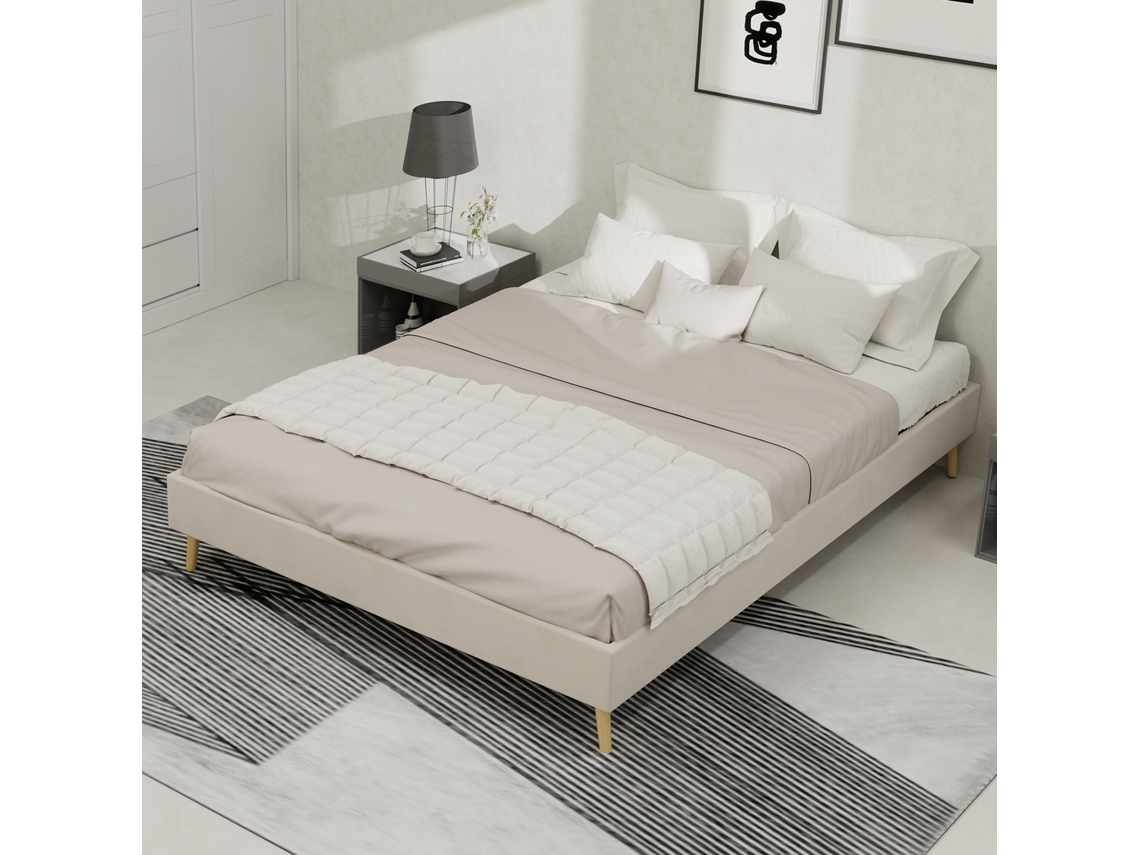 Cama Baixa 140x200 Veludo Bege Arrumação