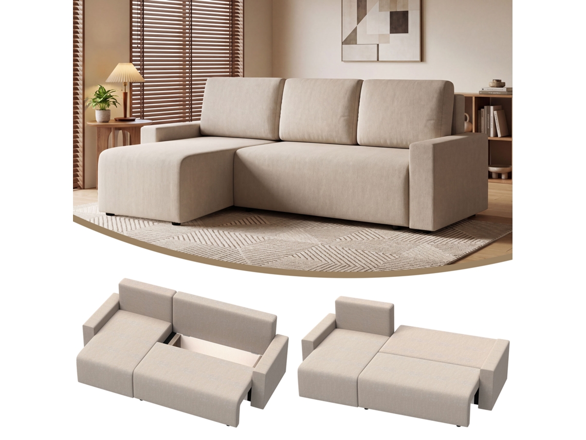 Sofá De Canto Com Função De Dormir E Chaise Longue Reversível, Sofá Em L Para 3 Pessoas Em Veludo, Bege