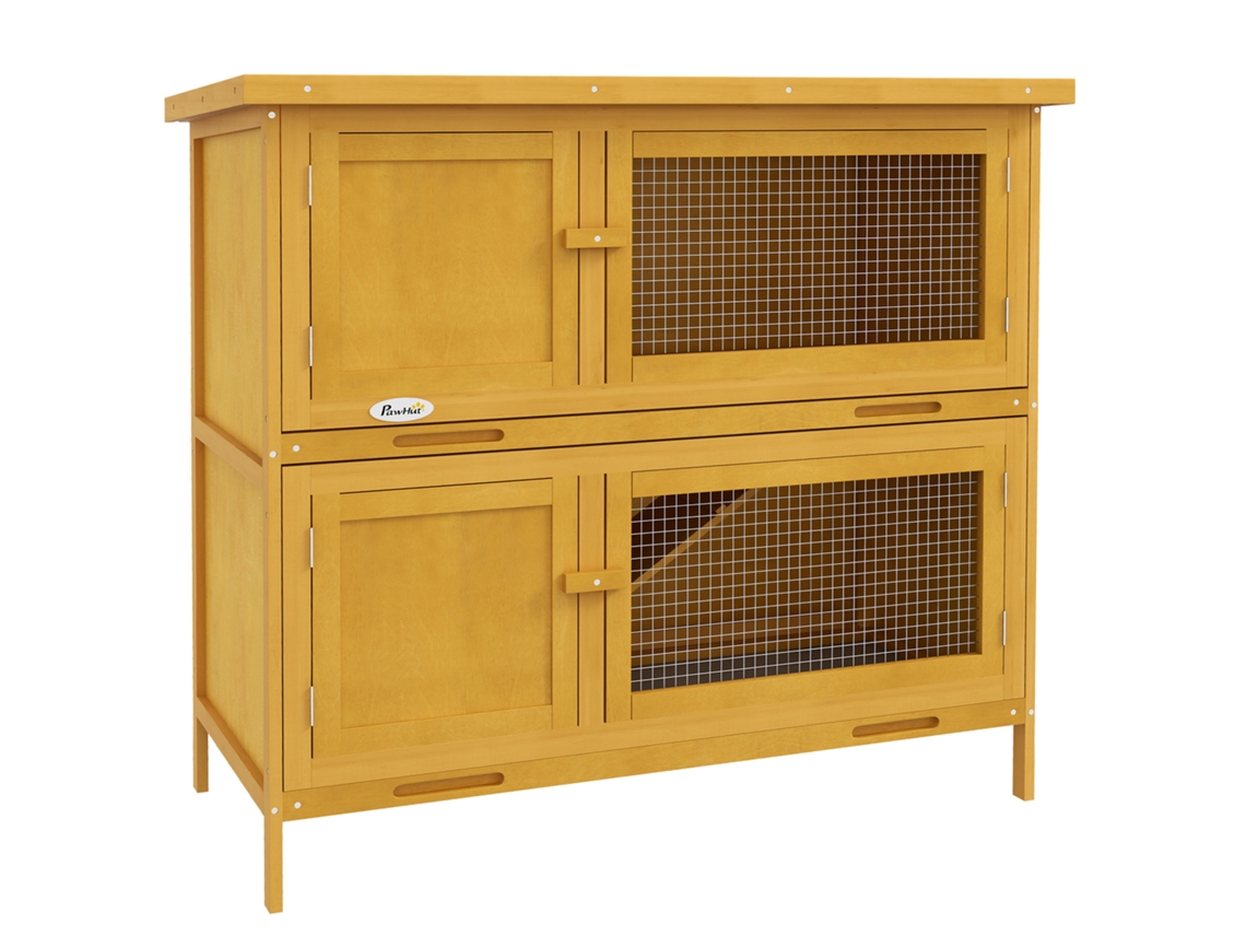 Gaiola de coelho de dois andares em madeira de abeto com rampas e bandejas retráteis 97x44x91 cm amarelo S/MARCA