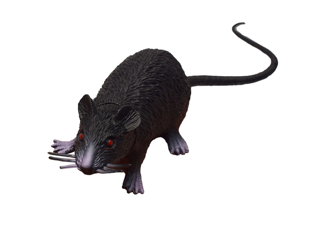 Miniatura de rato Mali em plástico, simulando um pequeno animal, com toque realista, ideal para atividades educativas de Halloween.