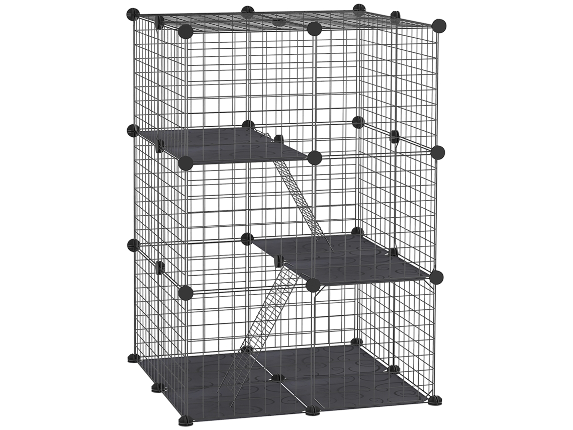 Recinto para pequenos animais, gaiola modular, 3 níveis, 39 painéis, rampas, metal, 70x70x105 cm, Preto | S/MARCA