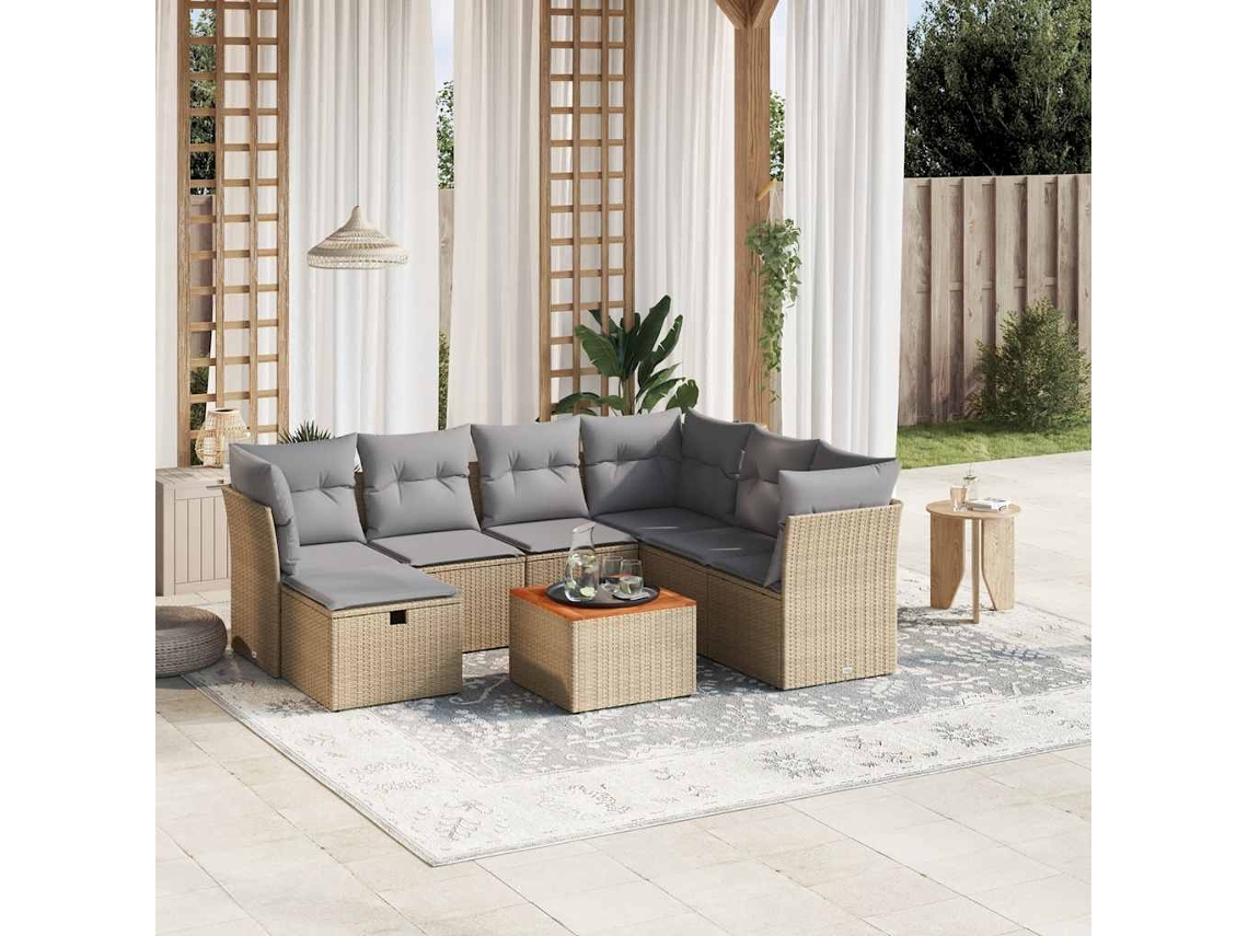 Vidaxl 8 Pcs Conj. Sofás Jardim C/ Almofadões Vime Pe Bege Misturado
