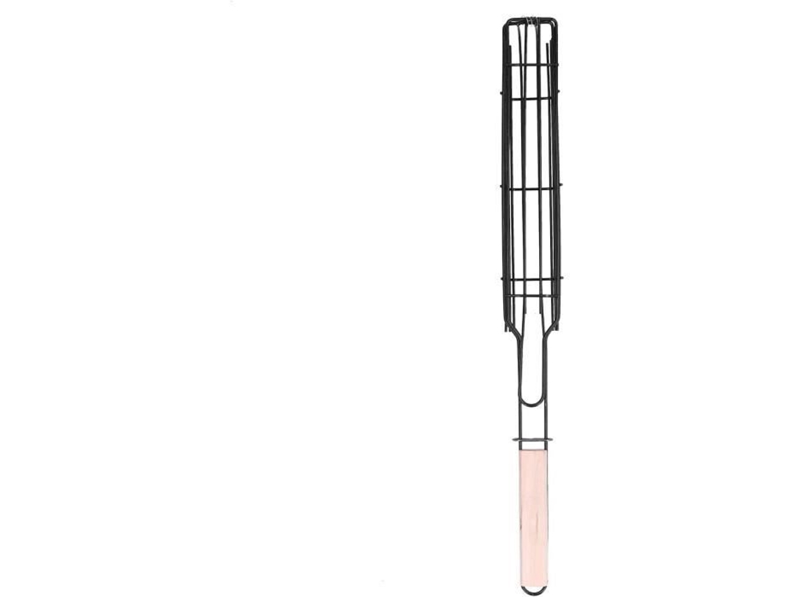 Cesta para Grelhar Kabob Clipe de Malha para Churrasqueira Cesta para Grelhar Ao Ar Livre em Aço Inoxidável com Alça de Madeira H