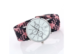 Relógio de Pulso Étnico de Quartzo com Pulseira Tecida Unissex Rosa Chic e Elegante
