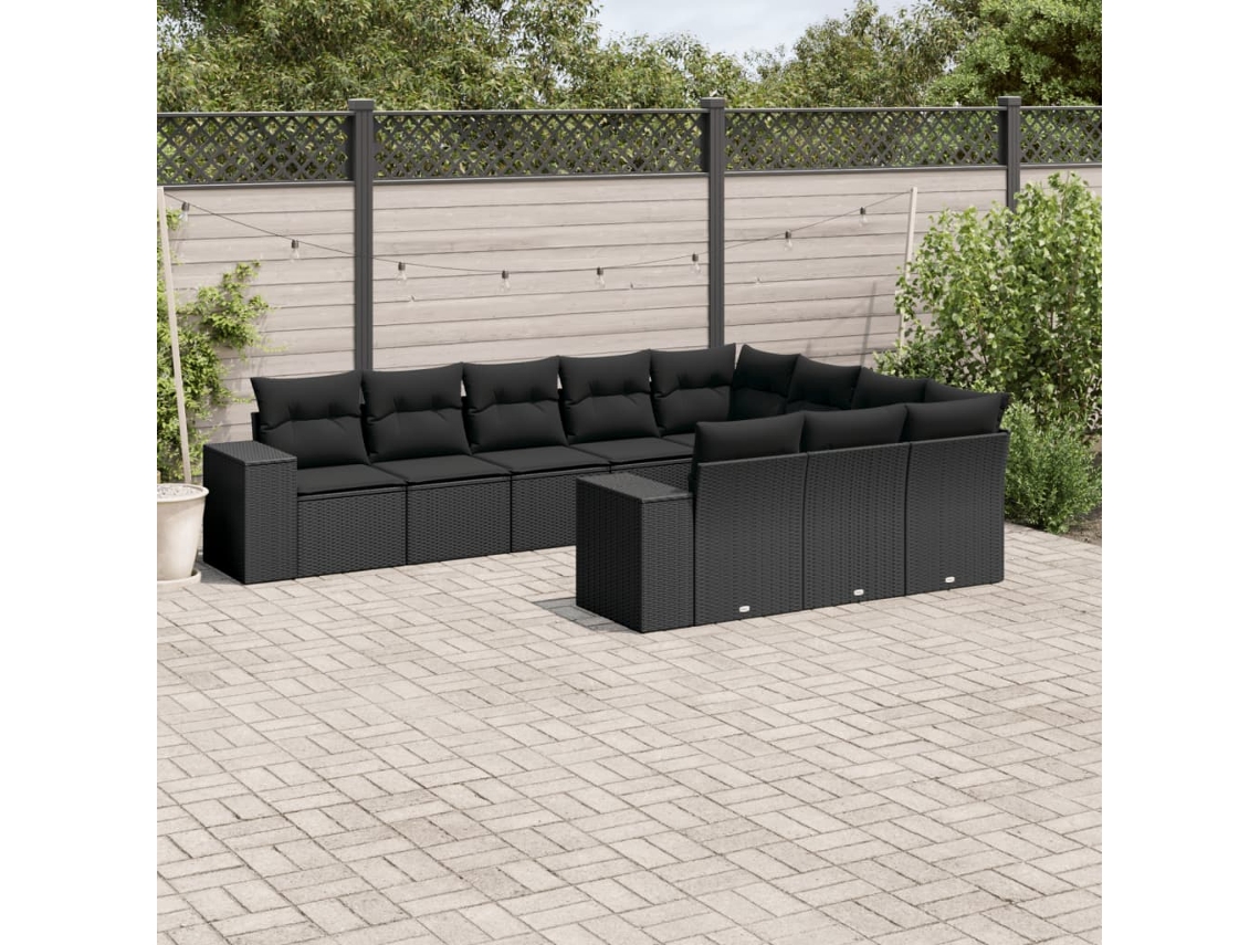 10 Pcs Conjunto Sofás De Jardim C/ Almofadões Vime Pe Preto Dkd Home Decor