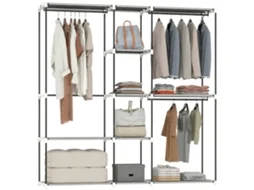 Guarda-roupa Aberto De 182x43x185 Cm Com 8 Prateleiras De Tecido, Varões Para Pendurar Roupas E Estrutura De Metal Cinza Claro.